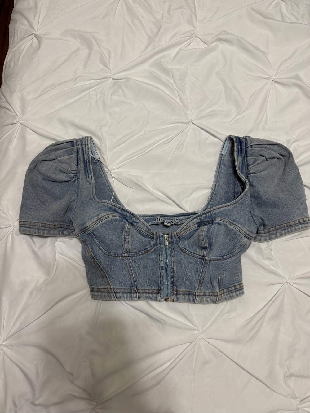 Signature8 Washed Blue Denim Puff-Sleeve Cropped Top